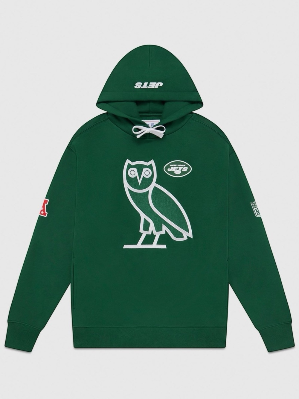 OVOxNFL JETS Green Pullover Hoodie with White Owl Logo